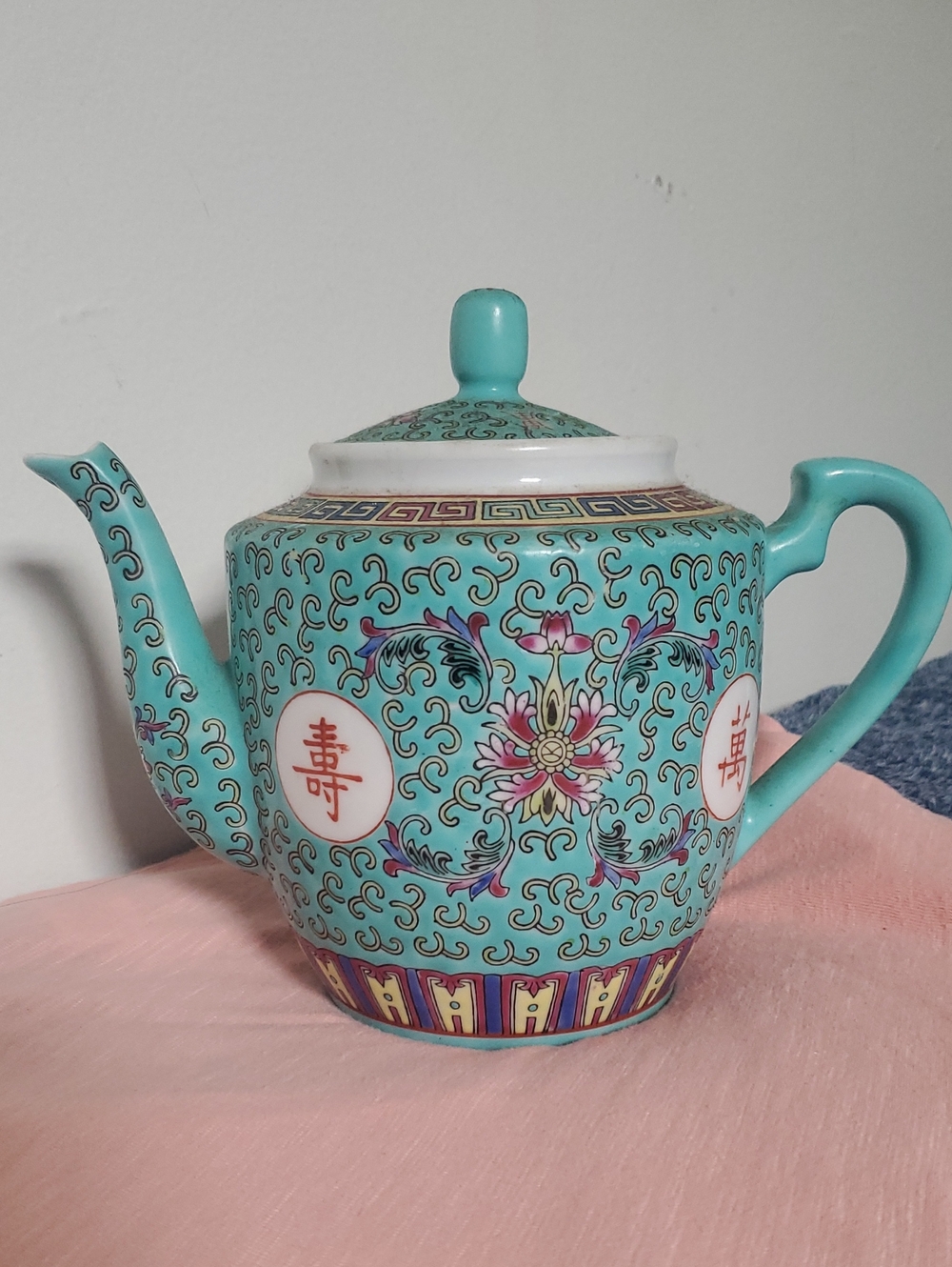 Vintage Chinese Turquoise Mun Shou Longevity Teapot Porcelain Jingdezhen Factory